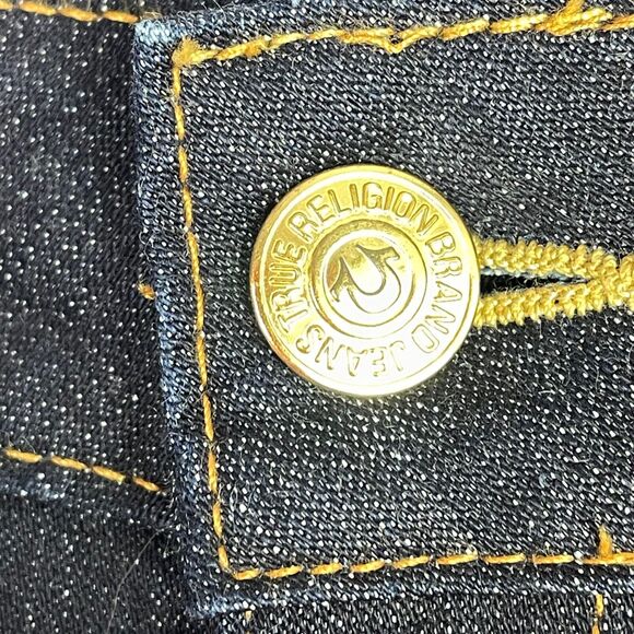 True Religion Blue Dark Wash Metallic Painted Horseshoe Flap Pockets Jeans Sz 31 - Picture 5 of 13